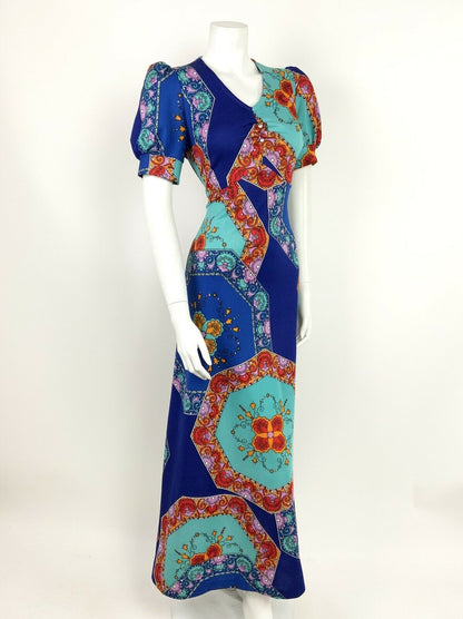 VTG 60s 70s BLUE TEAL LILAC RED ORANGE GYPSY FOLK FLORAL PSYCH  MAXI DRESS 12