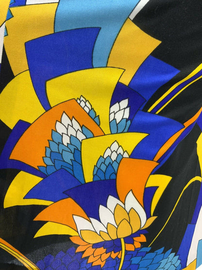 VINTAGE 60s 70s BLUE YELLOW BLACK GEOMETRIC FLORAL HALTER MAXI DRESS 14 16