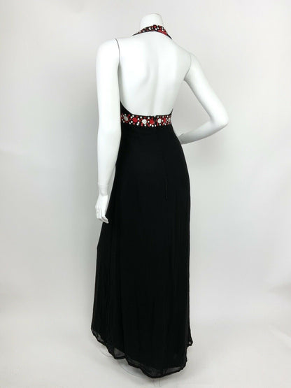 VTG 60s 70s BLACK RED WHITE SEQUIN DAISY FLOWER SHEER HALTER MAXI DRESS 6