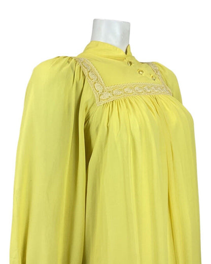 VINTAGE 70s PASTEL YELLOW LACE BOHO PRAIRIE EMPIRE LINE FLARED MIDI DRESS 8