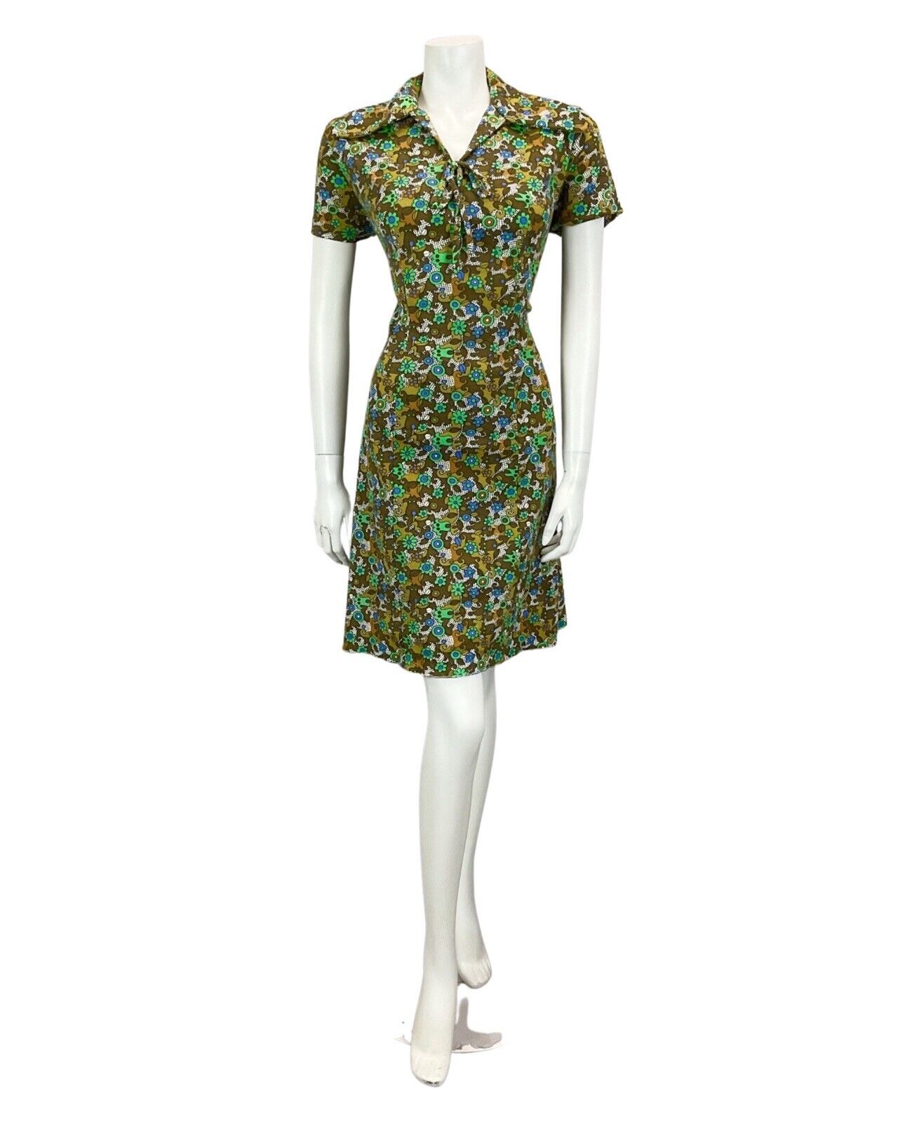 VINTAGE 60S 70S GREEN KHAKI BLUE FLORAL PSYCHEDELIC PRINT MINI DRESS 14