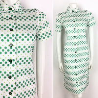 VINTAGE 60s 70s POLKA DOT SPOTTY WHITE GREEN SHIRT DRESS 8 10