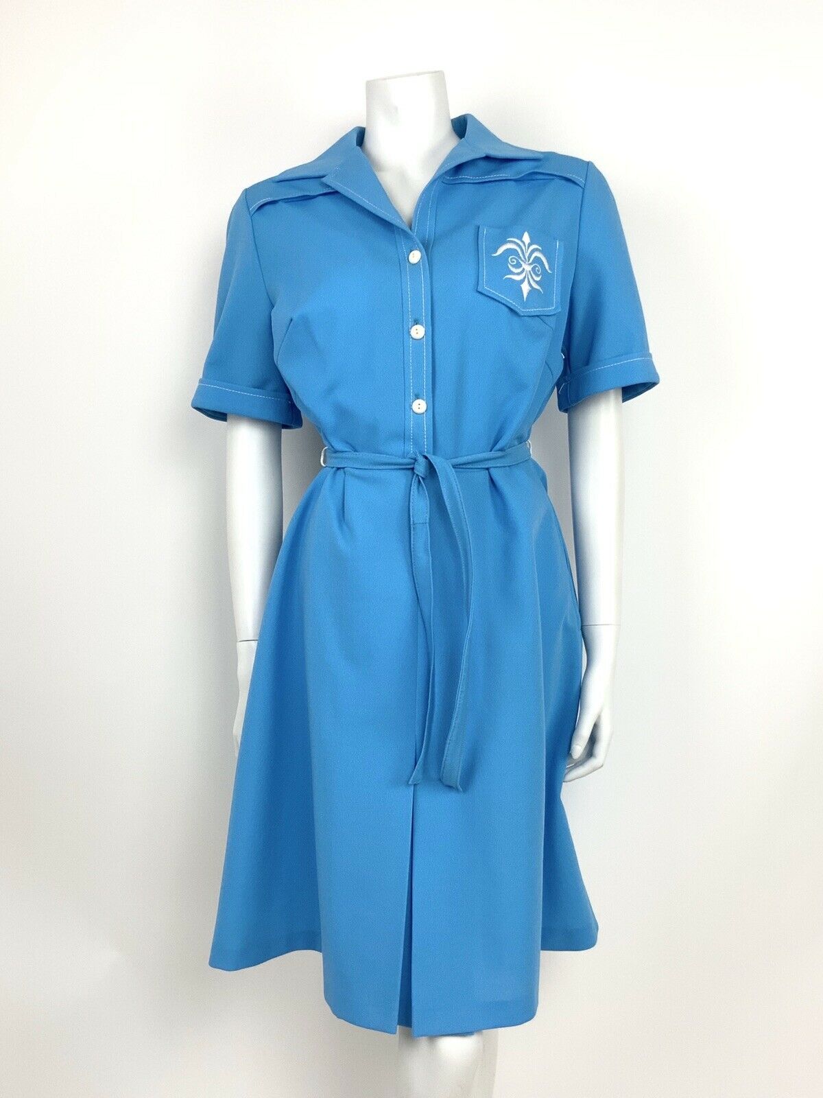 VINTAGE 60s 70s BLUE WHITE FLEUR DE LIS SHIRT WAIST BELTED DRESS SUMMER 14 16