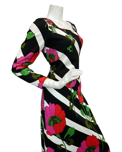 VTG 60s 70s BLACK WHITE STRIPED ROSE FLORAL PRINT MAXI MOD DRESS 10 12