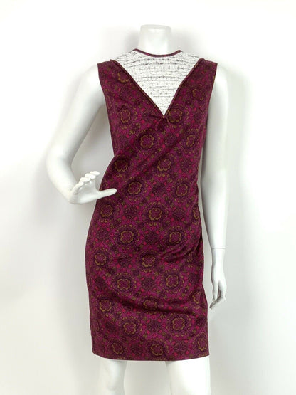 VTG 60s 70s PURPLE PINK BLACK GOLD ARABESQUE FLORAL WHITE LACE SHIFT DRESS 10