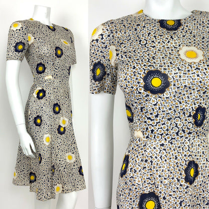 VTG 60s 70s BLUE WHITE YELLOW FLORAL MOD DAISY DOTTY DRESS SUMMER HIPPY 8