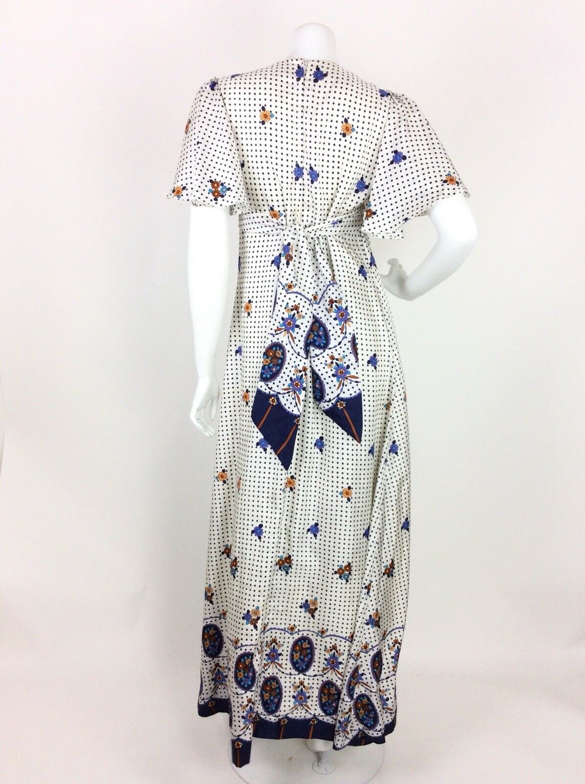 VINTAGE 60s 70s FLORAL POLKA DOT MAXI DRESS WHITE BLUE BLACK DITSY 10 12