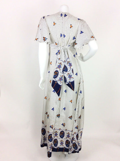 VINTAGE 60s 70s FLORAL POLKA DOT MAXI DRESS WHITE BLUE BLACK DITSY 10 12