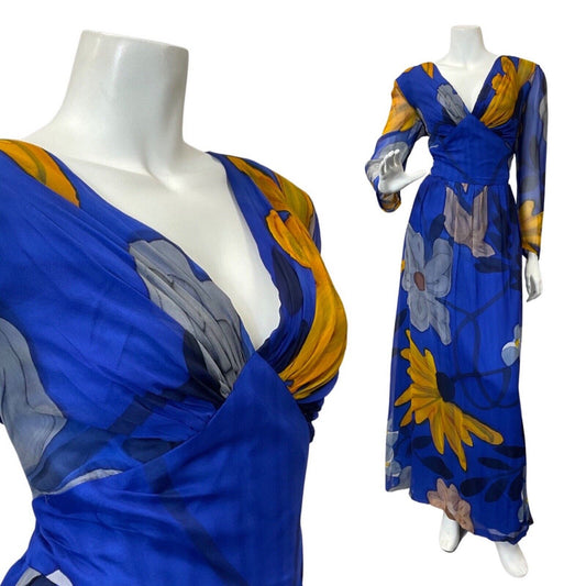 VINTAGE 60s 70s BLUE YELLOW WHITE FLORAL WATERCOLOUR SHEER MAXI DRESS 12 14