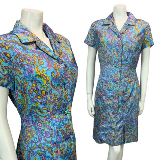 VINTAGE 60s 70s BLUE YELLOW PINK PURPLE PAISLEY PSYCHEDELIC MIDI PRINT DRESS 14