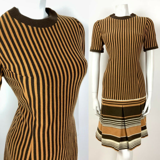 VINTAGE 60s 70s BROWN CREAM CARAMEL STRIPED DROP-WAIST PLEATED MOD DRESS 8 10