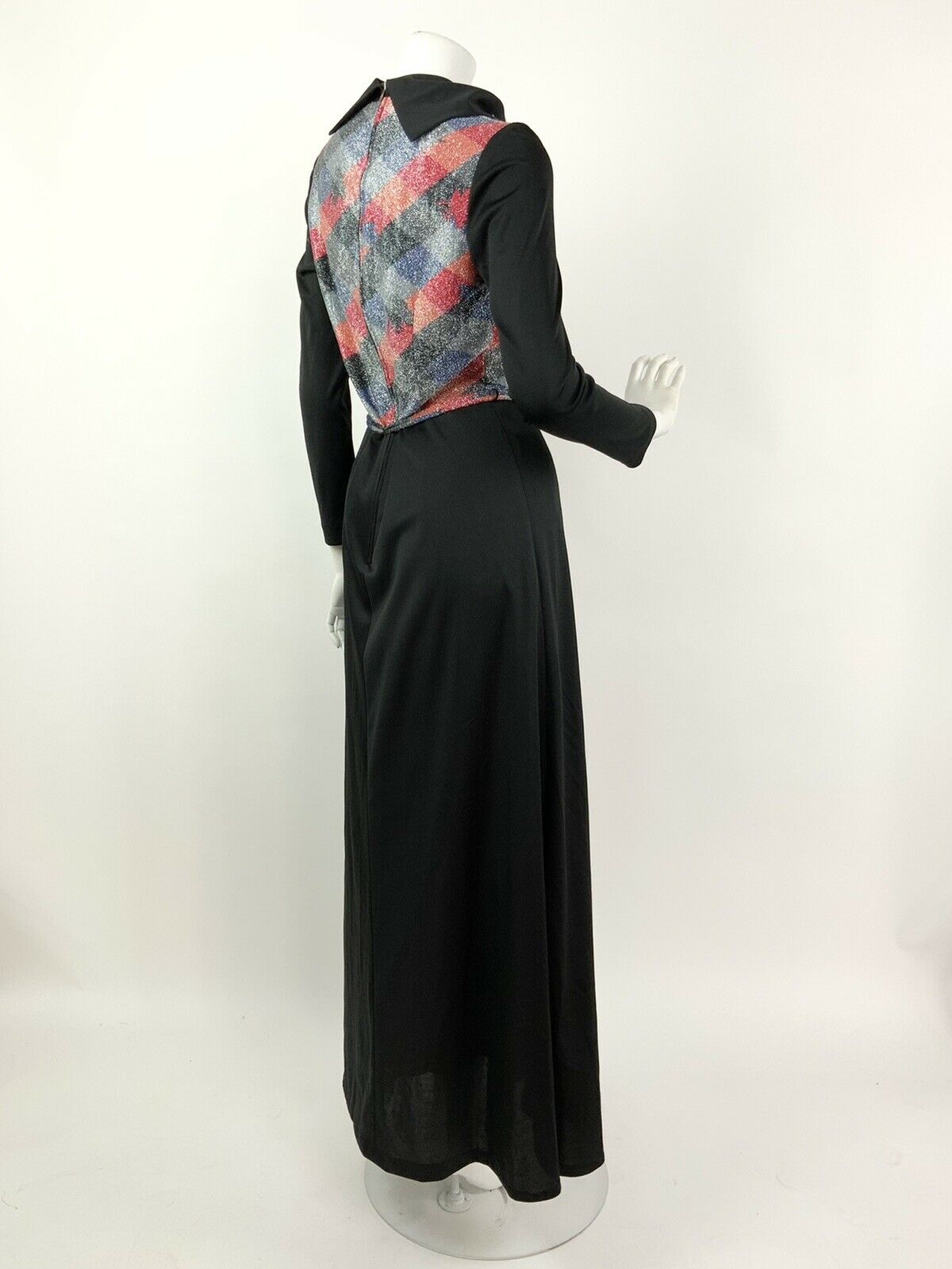 VTG 60s 70s BLACK RED ORANGE SILVER BLUE LUREX DIAMOND CHECK MAXI DRESS 10