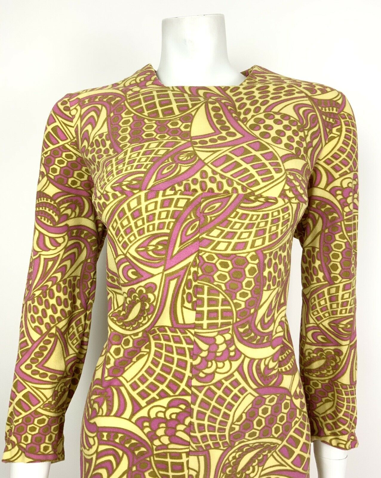 VINTAGE 60s 70s YELLOW PINK GOLD PSYCHEDELIC SWIRL EMPIRE LINE DRESS 12 14