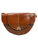 VINTAGE 60s 70s CINNAMON BROWN LEATHER METAL MOD BOHO SADDLE SHOULDER BAG