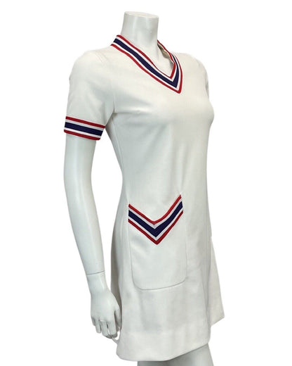 VINTAGE 60s 70s WHITE NAVY RED MINI TENNIS MOD PREPPY DRESS 10