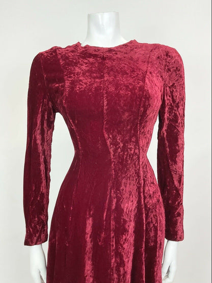 VINTAGE 60s 70s 80s RUBY RED VELVET PARTY LONGSLEEVE SWING DRESS 10 12