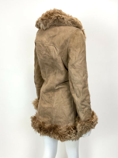 VINTAGE 60s 70s CAMEL BROWN SUEDE LEATHER SHEARLING FUR BOHO SHORT COAT 12 14