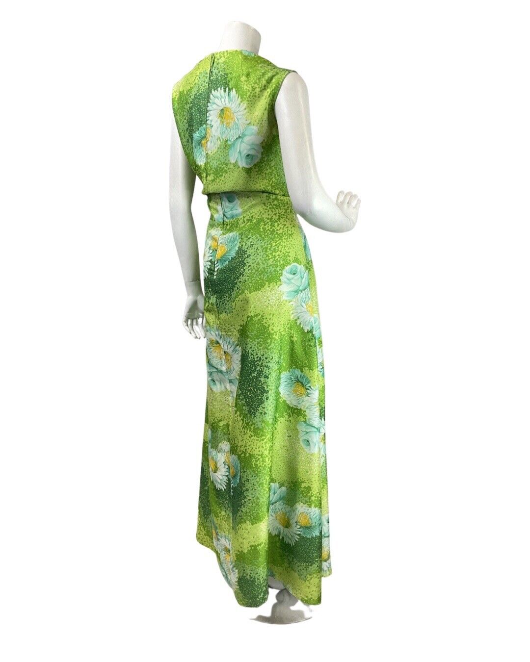 VINTAGE 60s 70s LIME GREEN WHITE DOTTY DAISY FLOWER SLEEVELESS MAXI DRESS 14 16