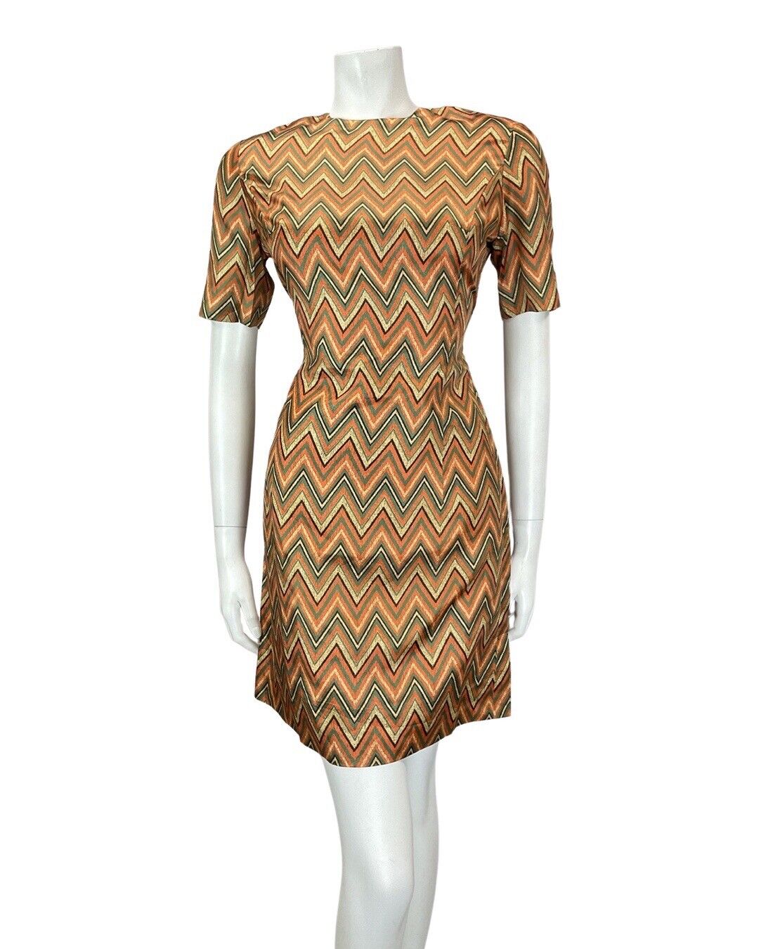 VINTAGE 60s 70s GREEN ORANGE CREAM ZIG-ZAG CHEVRON MOD SHORT FITTED DRESS 10 12