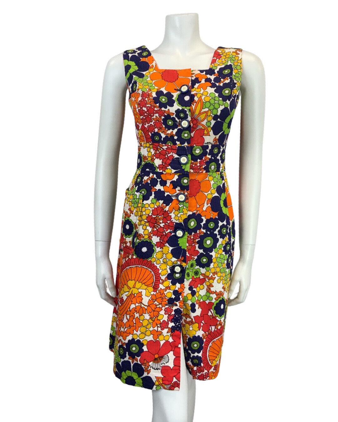 VTG 60s 70s ORANGE NAVY BLUE RED YELLOW PSYCHEDELIC FLOWER PRINT DRESS 10 12