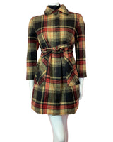 VINTAGE 60s 70s BLACK YELLOW RED PLAID CHECKED MOD WOOL COAT 10 12