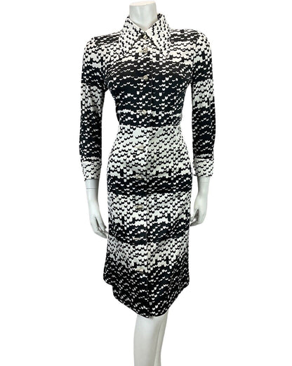 VINTAGE 60s 70s WHITE BLACK ABSTRACT PATTERN MOD BOHO MIDI DRESS 12 14