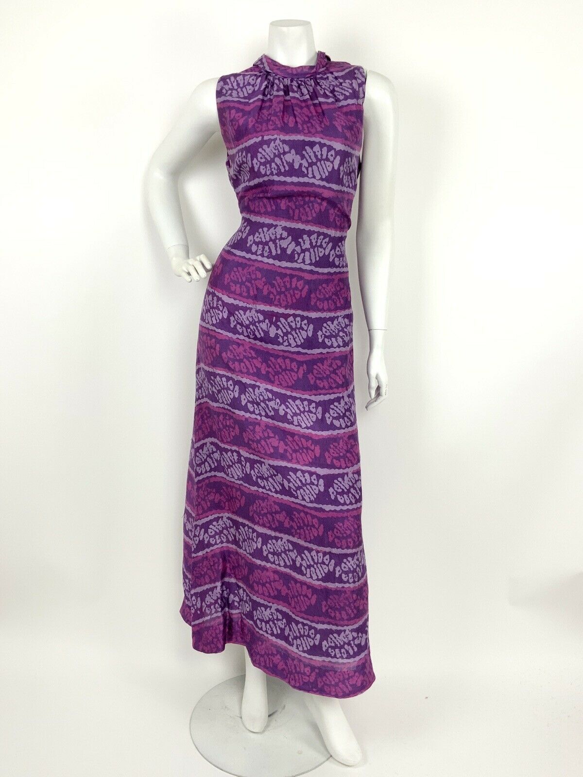 VTG 60s 70s PURPLE LILAC PINK ABSTRACT TURTLENECK SLEEVELESS MAXI DRESS 12 14