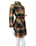 VINTAGE 60s 70s BLACK YELLOW RED PLAID CHECKED MOD WOOL COAT 10 12