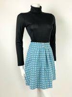 VTG 60s 70s BABY BLUE WHITE DIAMOND CHECKERBOARD GEOMETRIC PLEATED MOD SKIRT 8