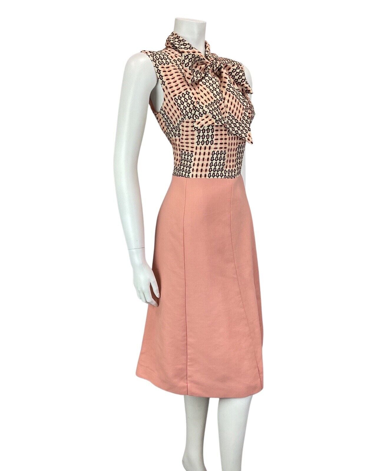 VINTAGE 60s 70s PINK PEACH BLACK GEOMETRIC PUSSYBOW SLEEVELESS DRESS 12