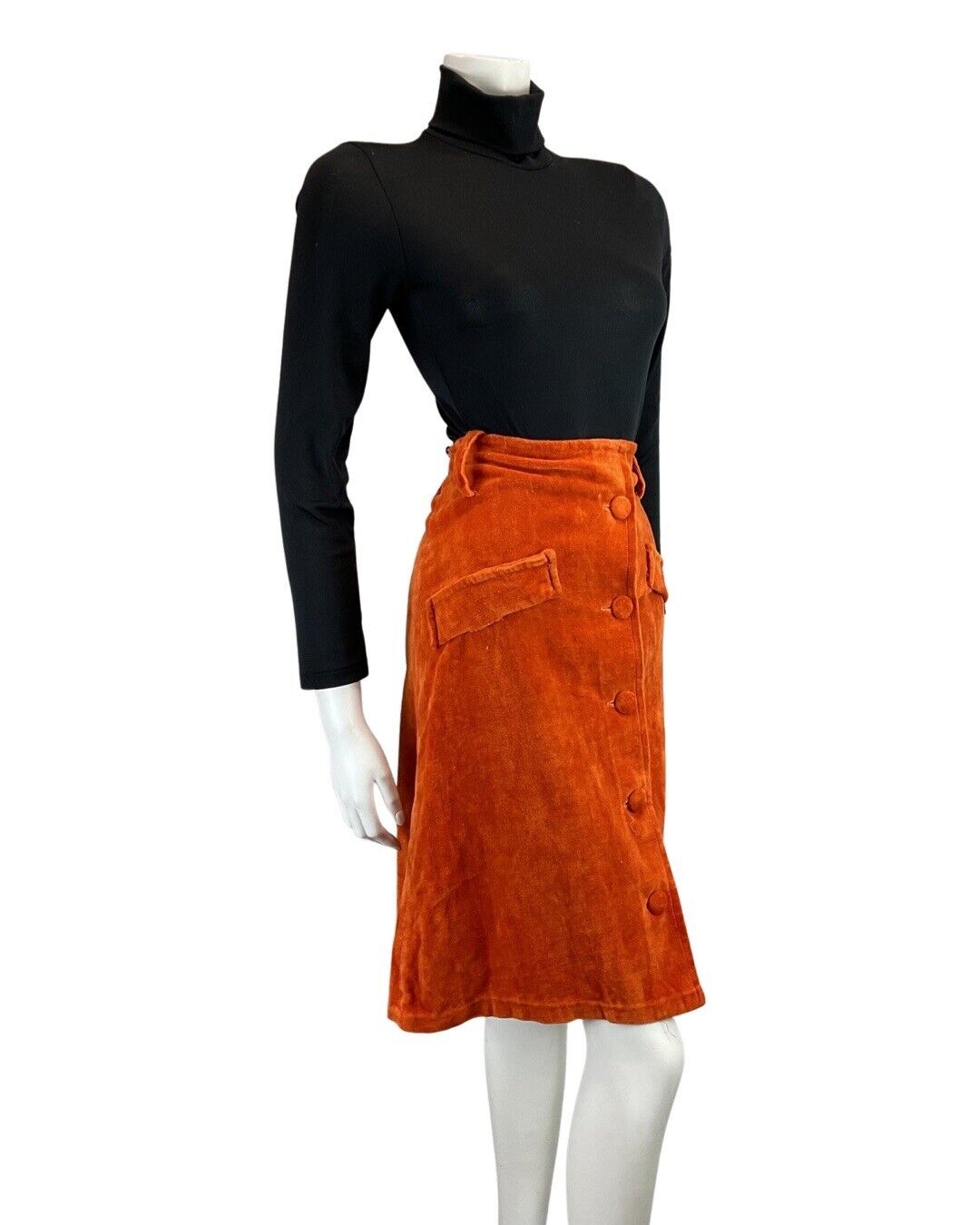 VINTAGE 60s 70s ORANGE VELVET TOWELLING MOD KNEE-LENGTH SKIRT 8