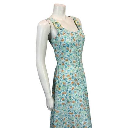 VINTAGE 60s 70s BLUE ORANGE FLORAL PRINT COTTON MIDI SUMMER MOD DRESS 8