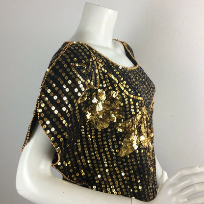 VINTAGE 1970’S BUTTERFLY TOP,BLACK, GOLD SEQUINS, BEADS, DISCO EVENING 8 10