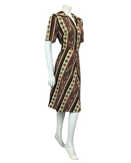 VINTAGE 60s 70s TAN BROWN RED AZTEC FOLK A LINE MIDI DRESS 14