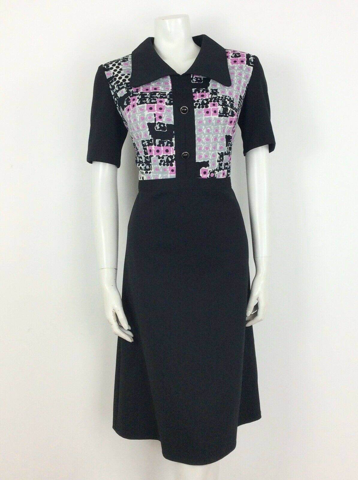 VINTAGE 60S BLACK PINK GREY WHITE ABSTRACT DAGGER COLLAR DRESS 14