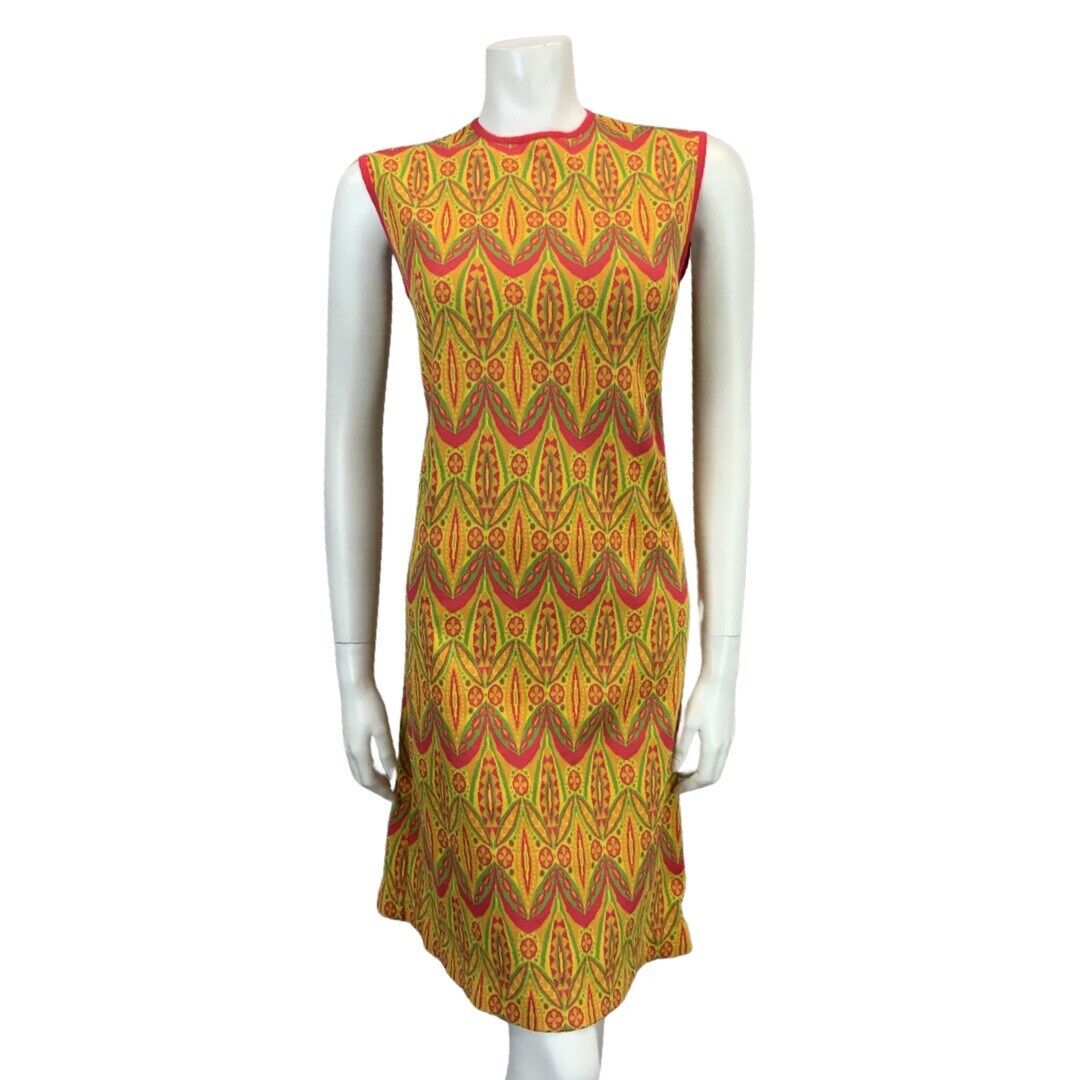 VINTAGE 60s 70s YELLOW ORANGE PINK GREEN FUNKY PRINT KNITTED MIDI MOD DRESS 14