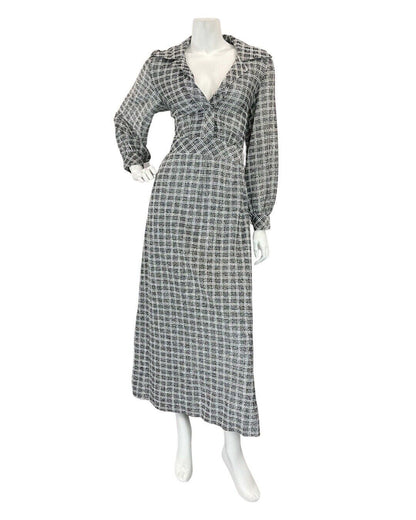 VINTAGE 60s 70s SILVER BLACK GRID CHECKED MOD DAGGER SHIRT MAXI DRESS 12