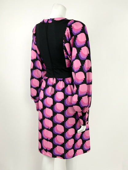 VTG 60s 70s BLACK PINK LILAC PURPLE OP-ART GEOMETRIC BATWING SLEEVE DRESS 14 16