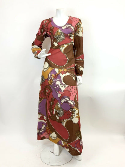 VINTAGE 60s 70s BROWN RED PINK PSYCHEDELIC SWIRL FLORAL MOD MAXI DRESS 10 12