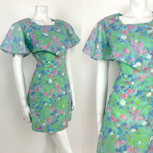 VINTAGE 60s 70s BLUE WHITE PINK GREEN FLORAL FLUTTER SLEEVE CAPE DRESS 12