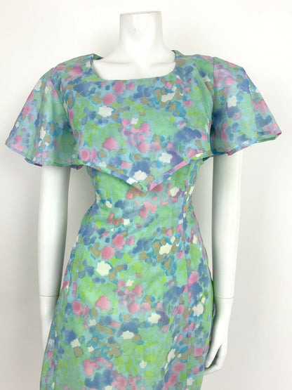 VINTAGE 60s 70s BLUE WHITE PINK GREEN FLORAL FLUTTER SLEEVE CAPE DRESS 12