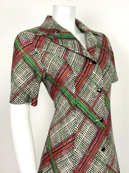 VTG 60s 70s WHITE BLACK RED GREEN GEOMETRIC CHECKERED TARTAN SHIRT DRESS 10 12