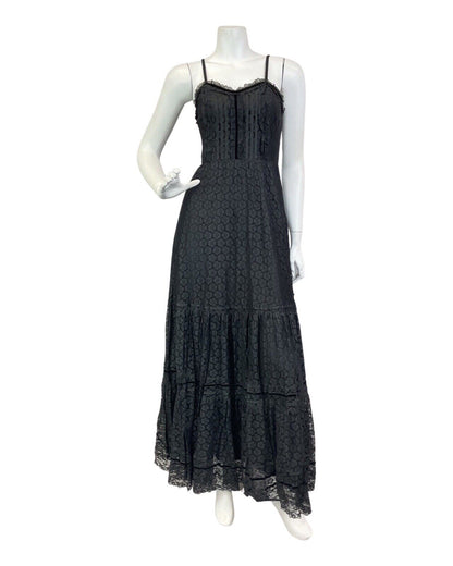 VINTAGE 70s 80s BLACK DAISY FLOWER LACE STRAPPY SUMMER COVEN BOHO MAXI DRESS 6