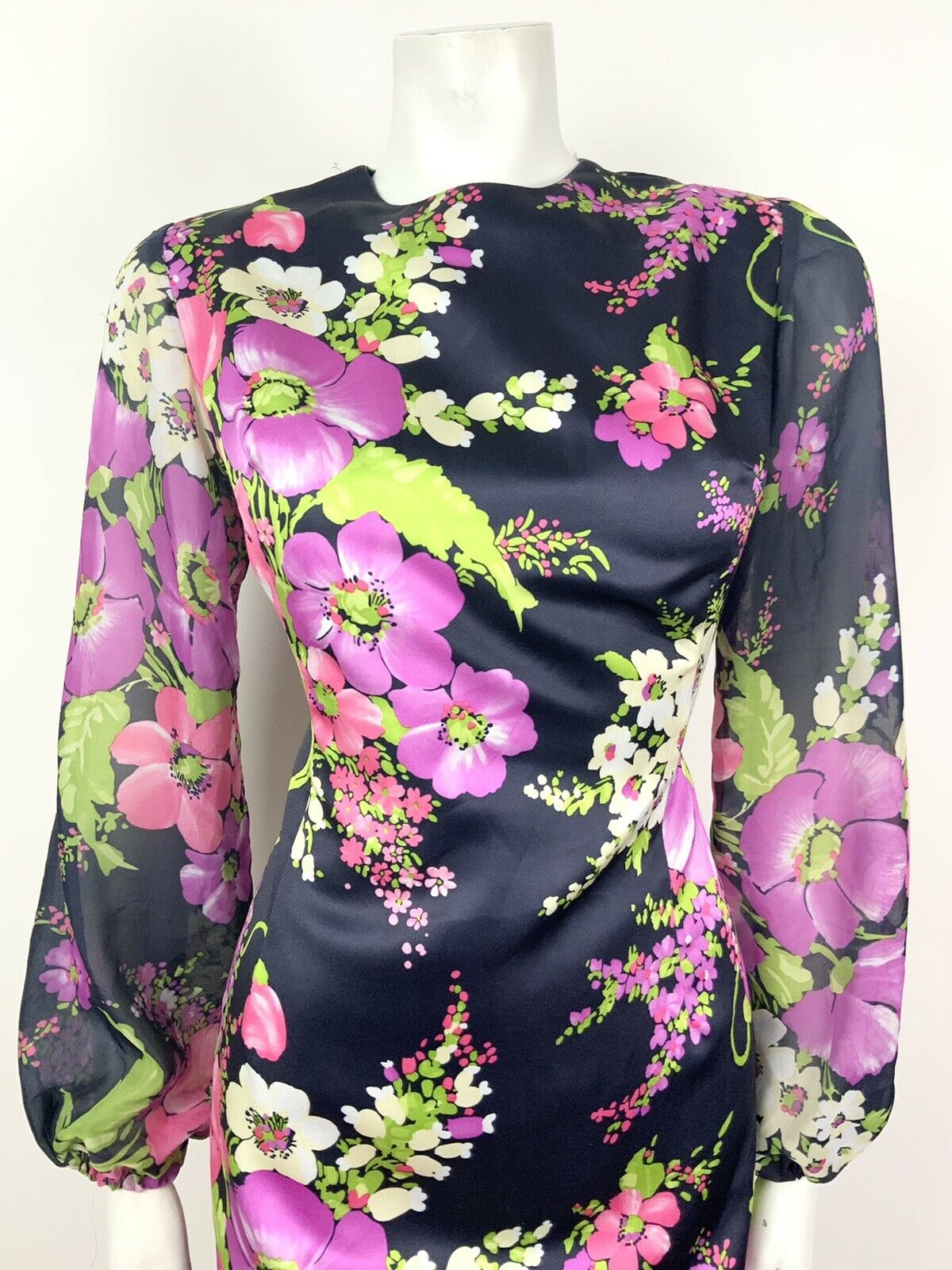 VINTAGE 60s 70s NAVY BLUE PURPLE PINK GREEN FLORAL PUFF SLEEVE DRESS 10 12