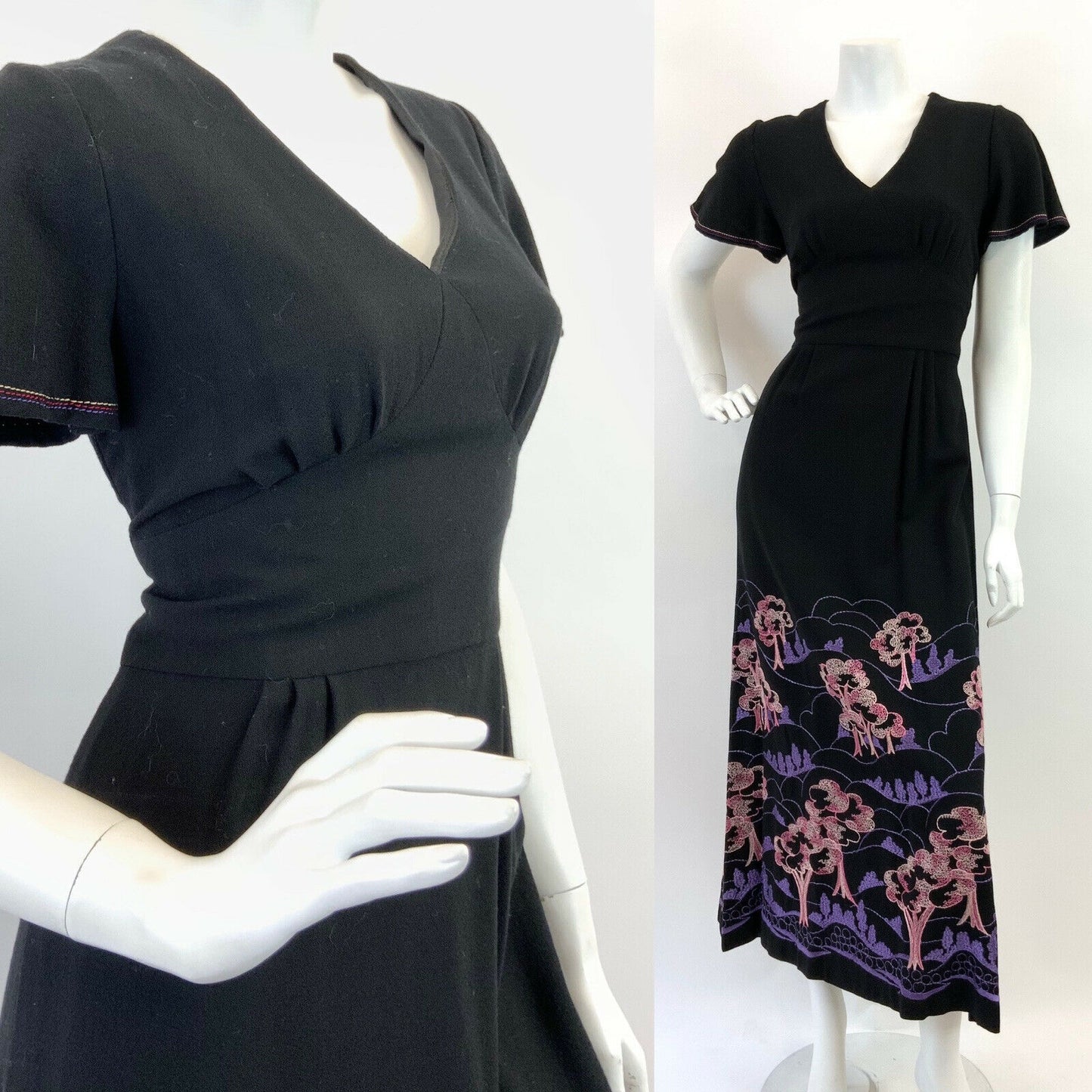 VTG 60s 70s BLACK PURPLE PINK EMBROIDERED TREE NATURE BOHO FOLK MAXI DRESS 10 12