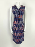 VINTAGE 60s 70s BLUE WHITE RED GEOMETRIC STRIPED MOD DRESS 12 14