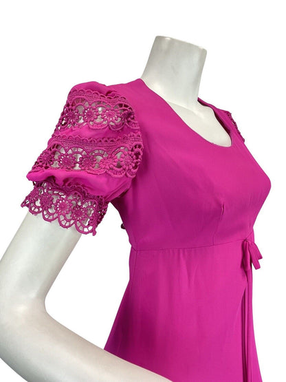 VINTAGE 60s 70s FUCHSIA PINK LACE EMPIRE LINE MOD MAXI DRESS 10