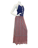 VINTAGE 60s 70s BLUE RED WHITE STRIPED DOTTY KNITTED MOD HALTER MAXI DRESS 8 10