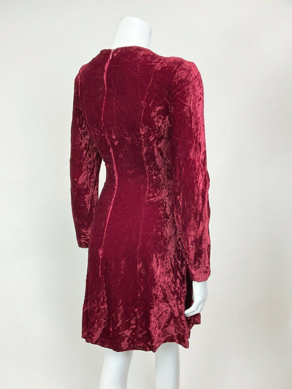 VINTAGE 60s 70s 80s RUBY RED VELVET PARTY LONGSLEEVE SWING DRESS 10 12