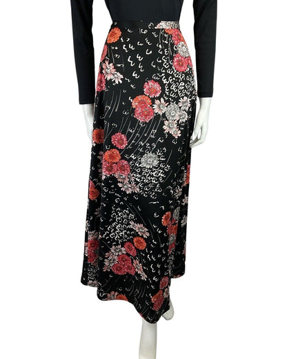 VINTAGE 60s 70s BLACK GREY RED GERBERA FLOWER BOHO MAXI SKIRT 8